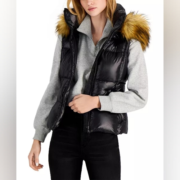 S13 NYC Jackets & Blazers - S13 Faux-Fur-Trim Hooded Down Black Vest